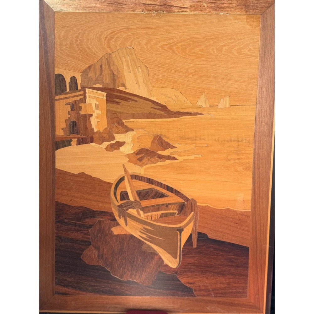 Vintage Italian Marquetry Wood Inlay Wall Art Sorrento Coastal Rowboat 15.5x11.5